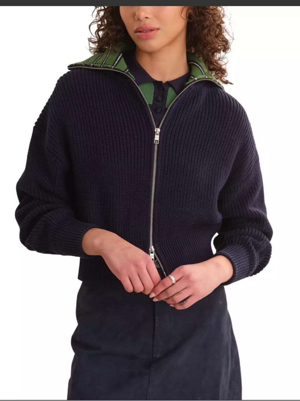 525 America Antonia Navy Zip-Front Ribbed Sweater Green-Trim Collar Small NWOT